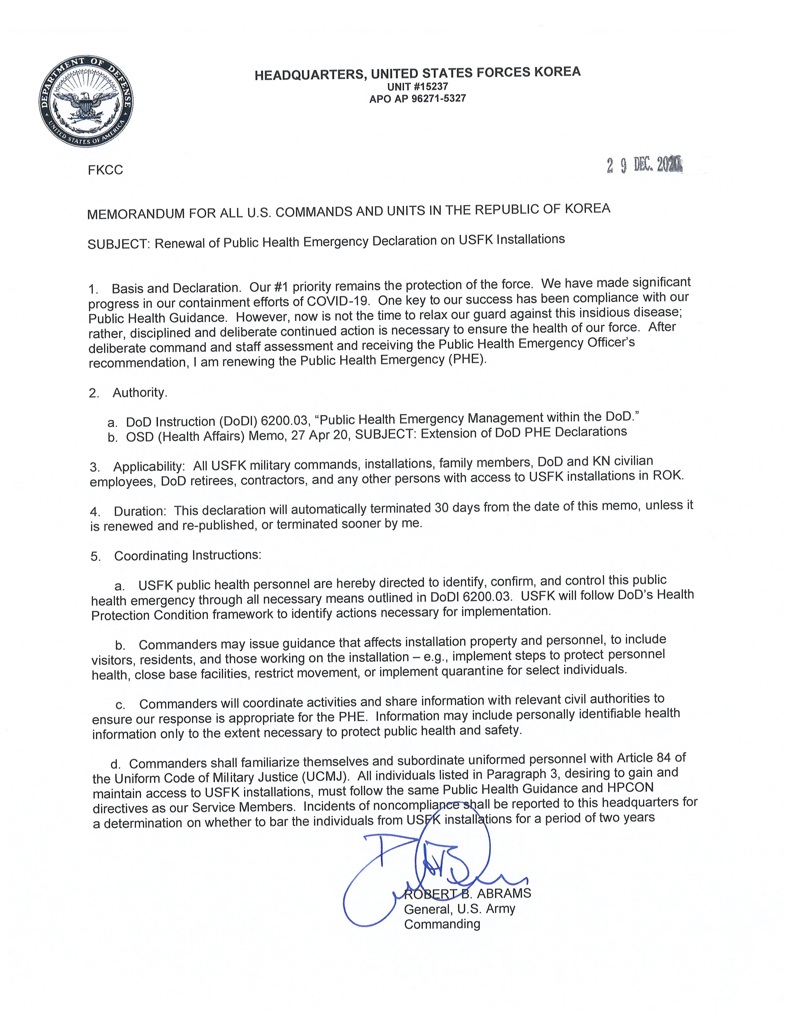 Image of PHE Renewal Document issued on December 29, 2020. Image of PHE Renewal Document issued on December 29, 2020.